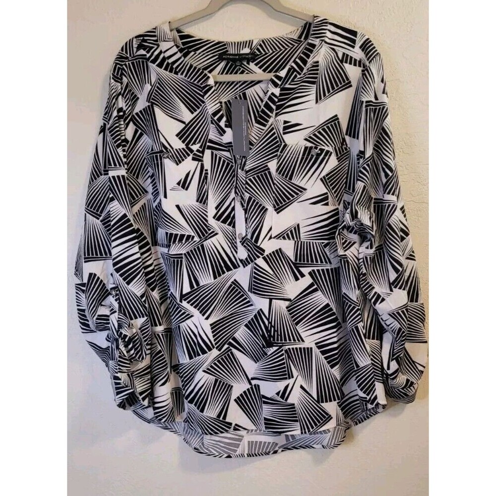 Adrienne Vittadini Womens Black And White Long Adjustable Sleeve Blouse Size 2XL